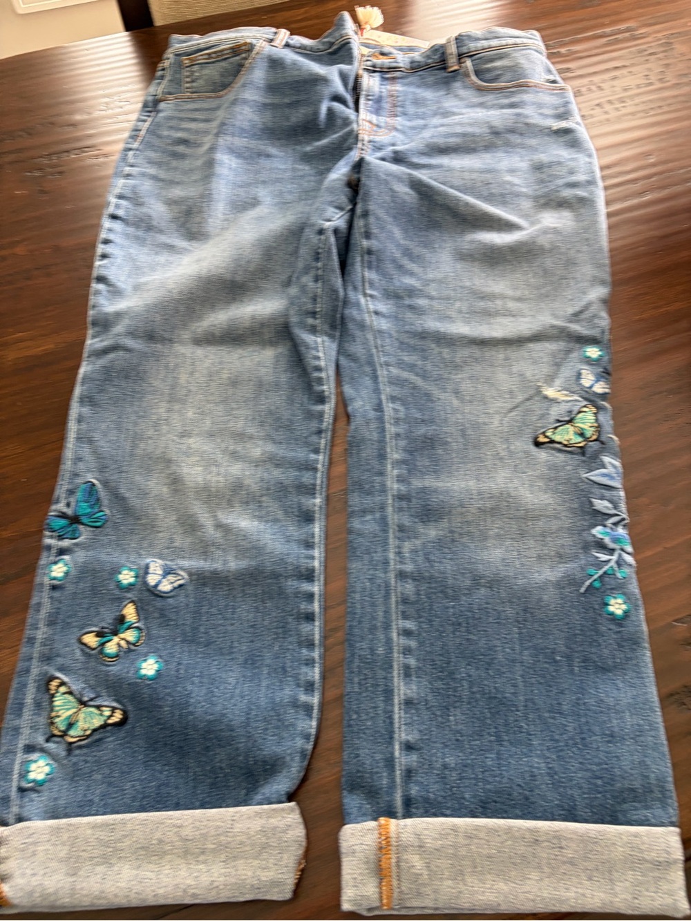 Johnny Was Selena Blue Denim Jeans with Embroidered Butterflies